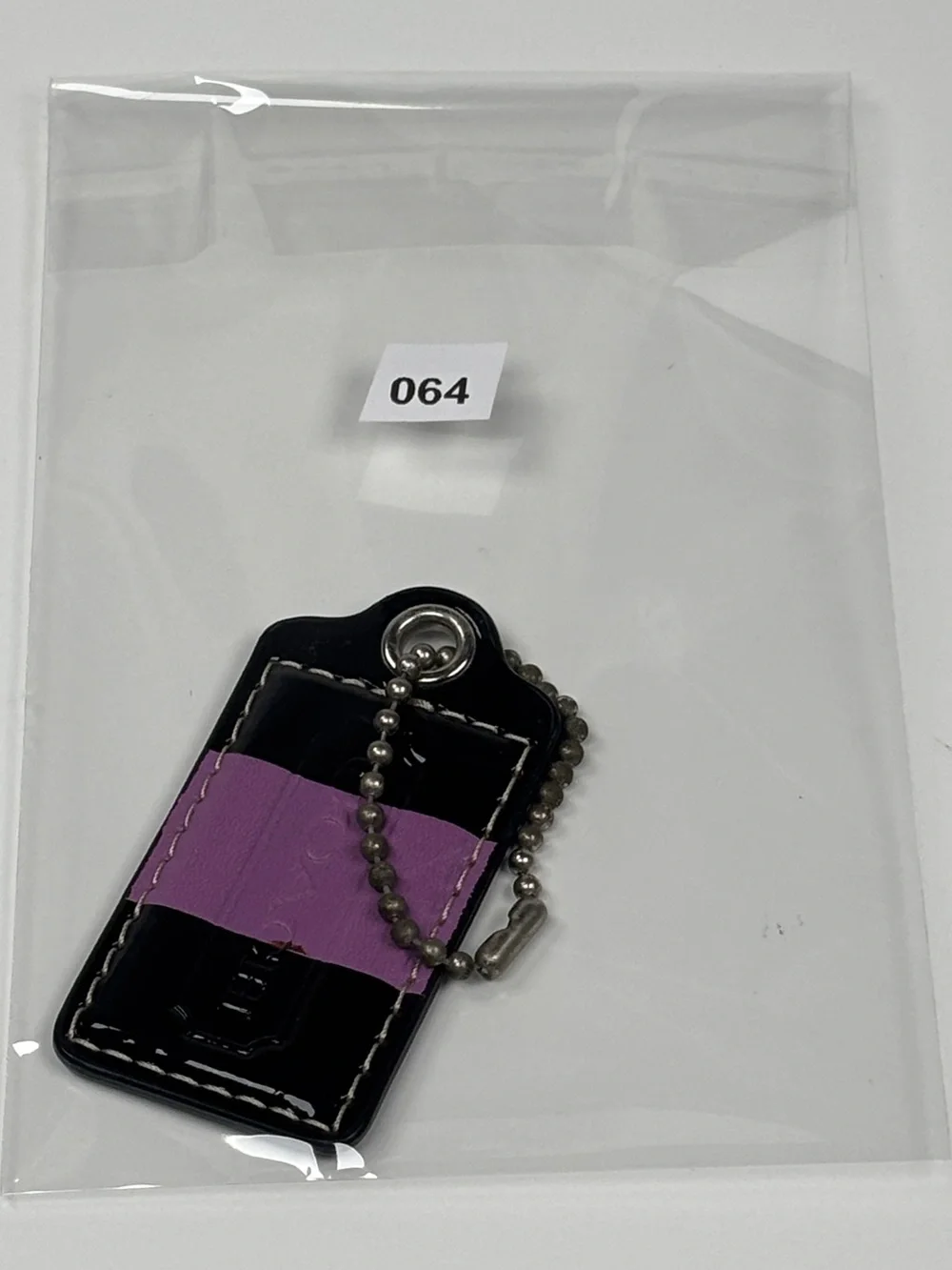 Coach Black Leather Key Tag with Pink Accent and Ball Chain